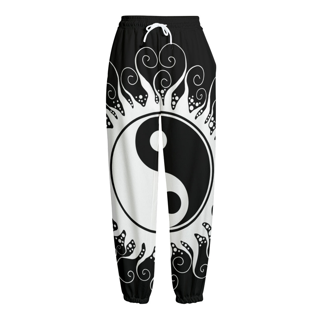 Black And White Yin Yang Sun Print Fleece Lined Knit Pants