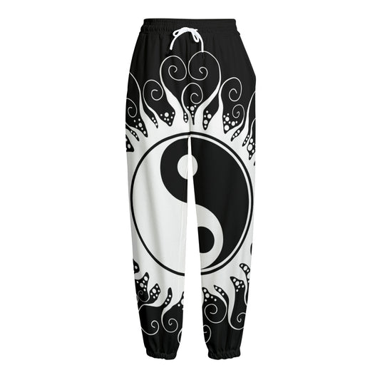 Black And White Yin Yang Sun Print Fleece Lined Knit Pants