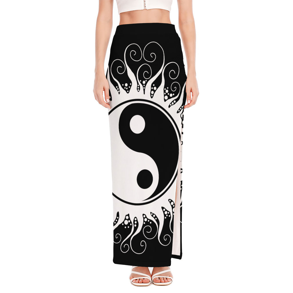 Black And White Yin Yang Sun Print High Slit Maxi Skirt