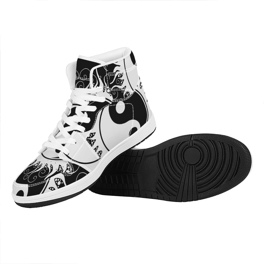Black And White Yin Yang Sun Print High Top Leather Sneakers