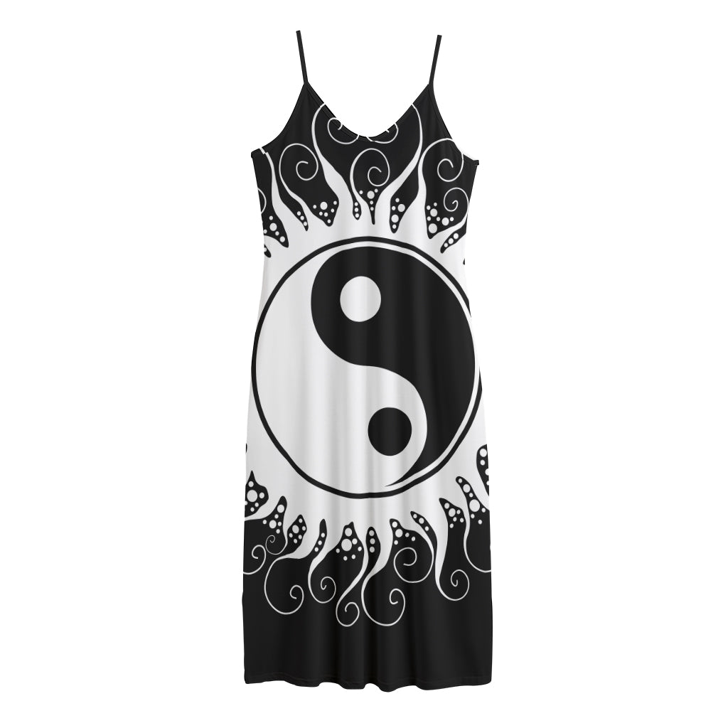 Black And White Yin Yang Sun Print Jersey Midi Cami Dress