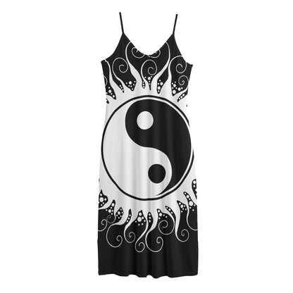 Black And White Yin Yang Sun Print Jersey Midi Cami Dress