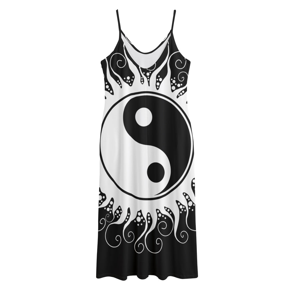 Black And White Yin Yang Sun Print Jersey Midi Cami Dress