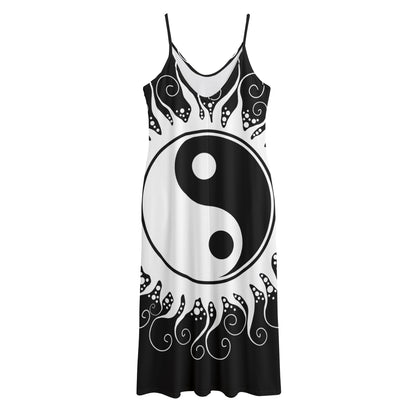 Black And White Yin Yang Sun Print Jersey Midi Cami Dress