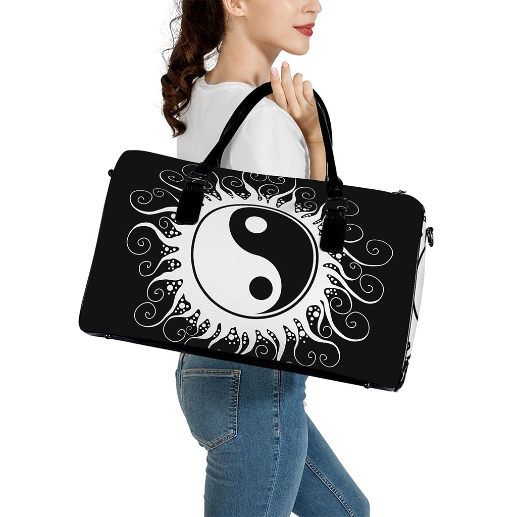 Black And White Yin Yang Sun Print Leather Duffle Bag