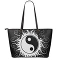 Black And White Yin Yang Sun Print Leather Tote Bag With Zipper