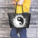 Black And White Yin Yang Sun Print Leather Tote Bag