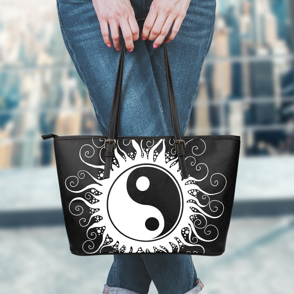 Black And White Yin Yang Sun Print Leather Tote Bag