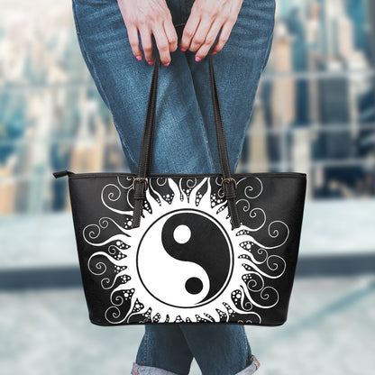 Black And White Yin Yang Sun Print Leather Tote Bag
