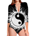 Black And White Yin Yang Sun Print Long Sleeve Swimsuit