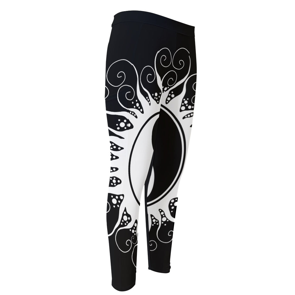 Black And White Yin Yang Sun Print Men's Compression Pants