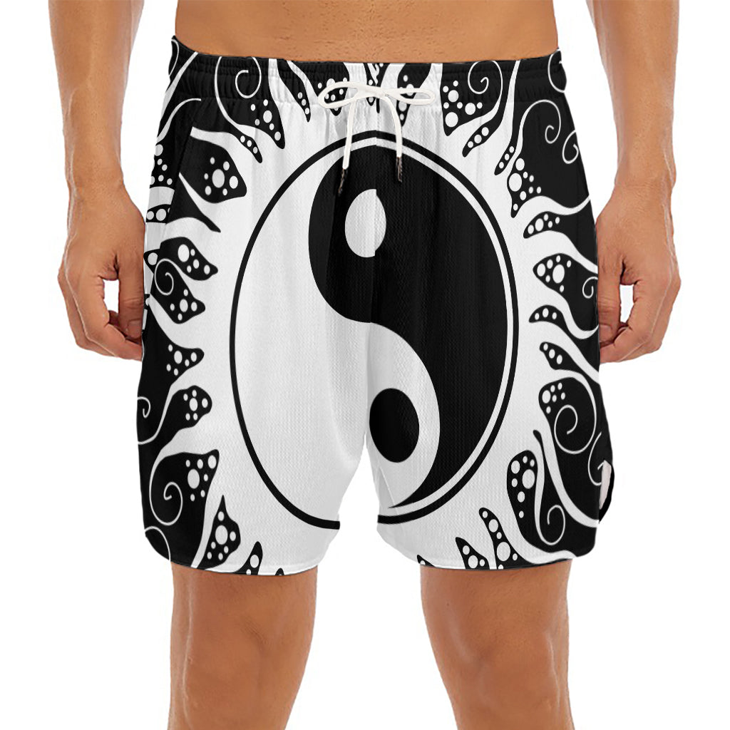 Black And White Yin Yang Sun Print Men's Split Running Shorts