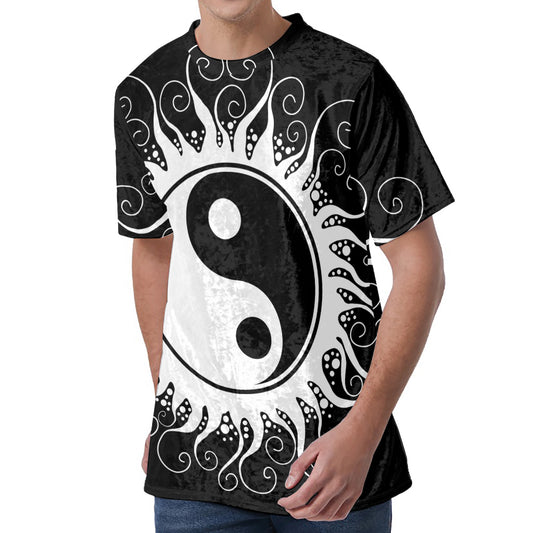 Black And White Yin Yang Sun Print Men's Velvet T-Shirt