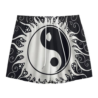Black And White Yin Yang Sun Print Mesh Shorts