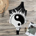 Black And White Yin Yang Sun Print One Shoulder Bodysuit