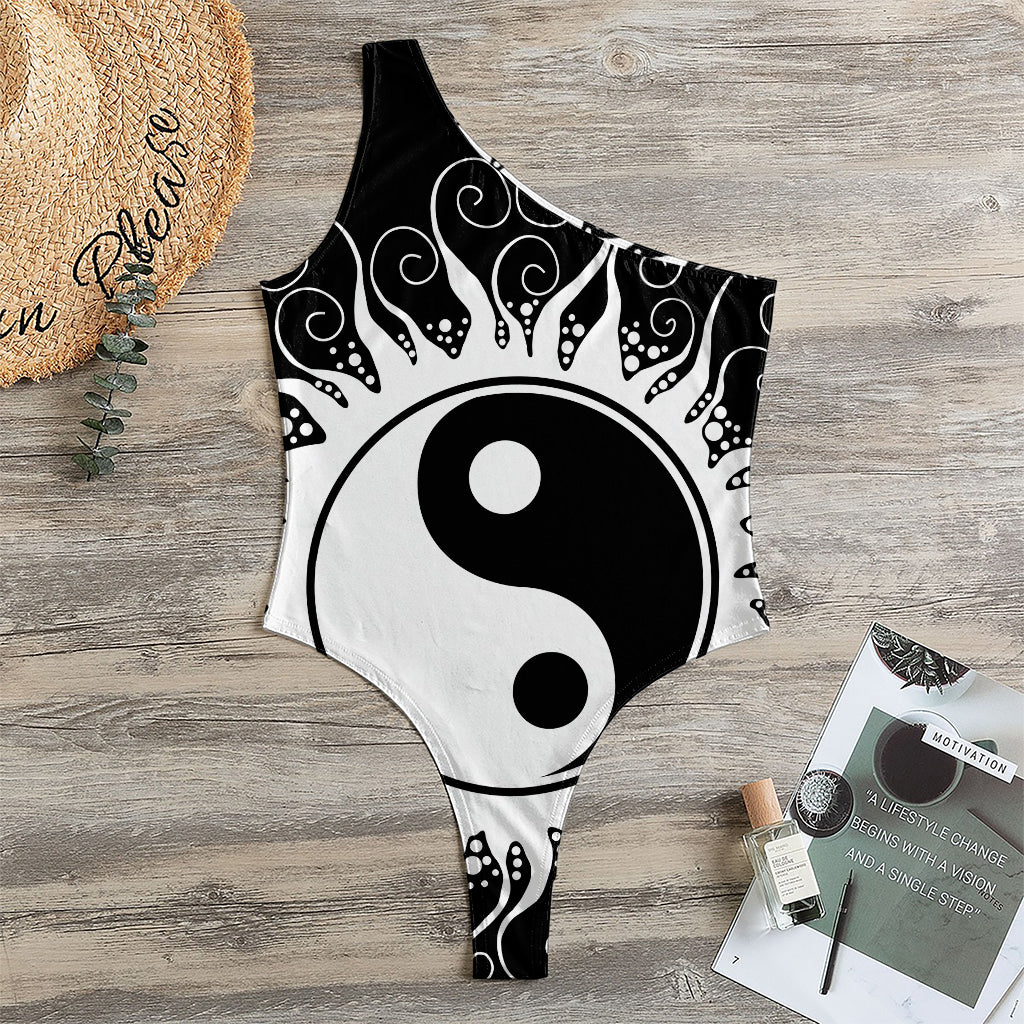 Black And White Yin Yang Sun Print One Shoulder Bodysuit