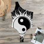Black And White Yin Yang Sun Print One Shoulder Bodysuit