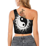 Black And White Yin Yang Sun Print One Shoulder Crop Top