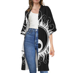 Black And White Yin Yang Sun Print Open Front Beach Cover Up
