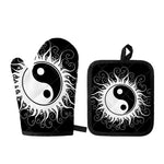 Black And White Yin Yang Sun Print Oven Mitt And Pot Holder Set