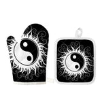 Black And White Yin Yang Sun Print Oven Mitt And Pot Holder Set