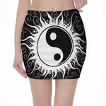 Black And White Yin Yang Sun Print Pencil Mini Skirt