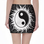 Black And White Yin Yang Sun Print Pencil Mini Skirt