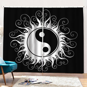 Black And White Yin Yang Sun Print Pencil Pleat Curtains