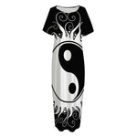Black And White Yin Yang Sun Print Short Sleeve Long Nightdress