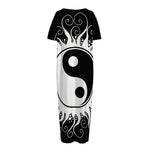 Black And White Yin Yang Sun Print Short Sleeve Long Nightdress