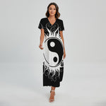 Black And White Yin Yang Sun Print Short Sleeve Maxi Dress