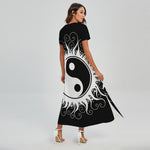 Black And White Yin Yang Sun Print Short Sleeve Maxi Dress