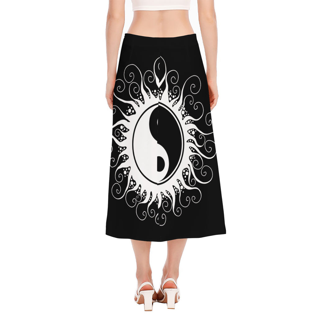 Black And White Yin Yang Sun Print Side Slit Midi Skirt