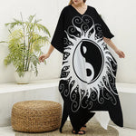 Black And White Yin Yang Sun Print Silk V-Neck Kaftan Dress