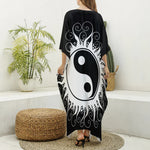 Black And White Yin Yang Sun Print Silk V-Neck Kaftan Dress