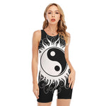 Black And White Yin Yang Sun Print Sleeveless One Piece Swimsuit