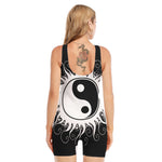 Black And White Yin Yang Sun Print Sleeveless One Piece Swimsuit