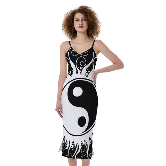 Black And White Yin Yang Sun Print Slim Fit Midi Cami Dress