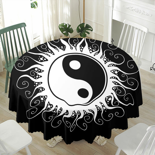 Black And White Yin Yang Sun Print Waterproof Round Tablecloth