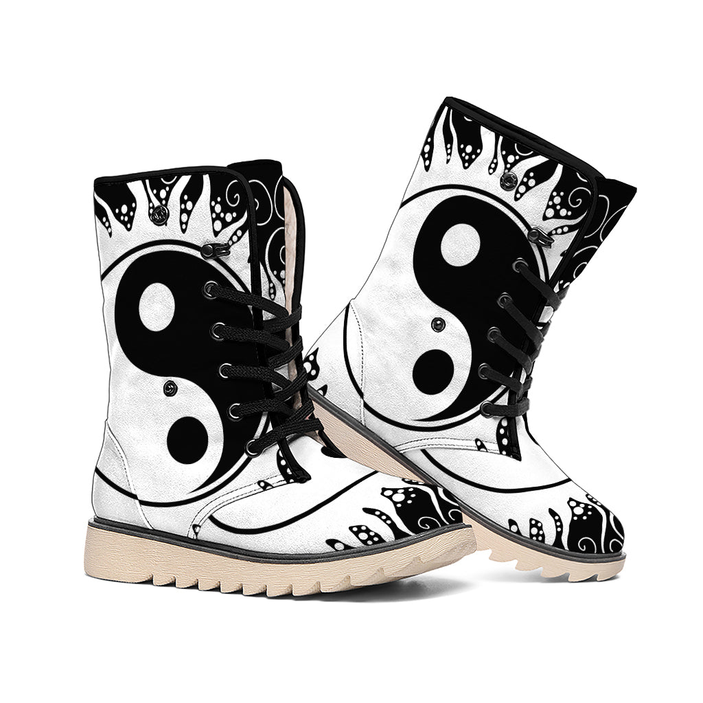 Black And White Yin Yang Sun Print Winter Boots