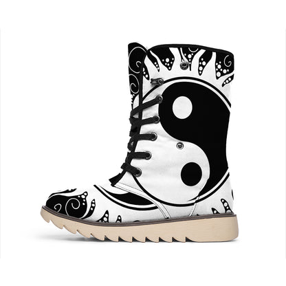 Black And White Yin Yang Sun Print Winter Boots