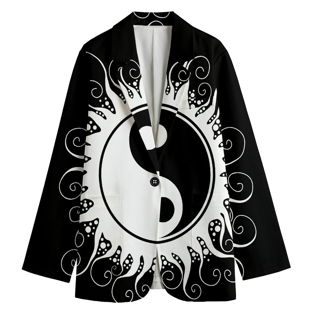 Black And White Yin Yang Sun Print Women's Cotton Blazer