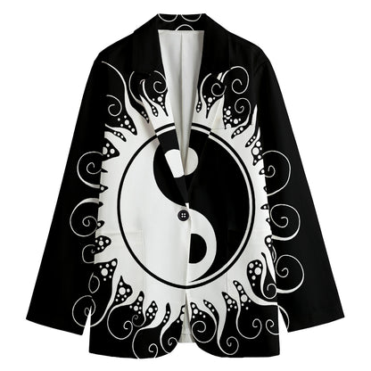 Black And White Yin Yang Sun Print Women's Cotton Blazer