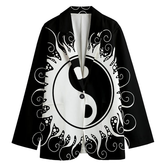Black And White Yin Yang Sun Print Women's Cotton Blazer