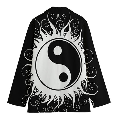 Black And White Yin Yang Sun Print Women's Cotton Blazer