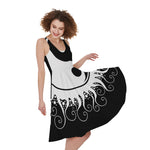 Black And White Yin Yang Sun Print Women's Sleeveless Dress
