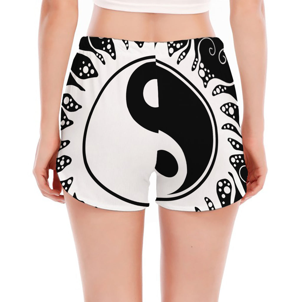 Black And White Yin Yang Sun Print Women's Split Running Shorts