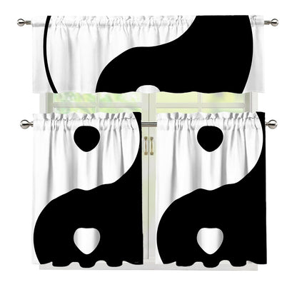 Black And White Yin Yang Symbol Print 3 Piece Kitchen Curtains