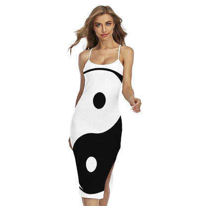 Black And White Yin Yang Symbol Print Cross Back Cami Dress