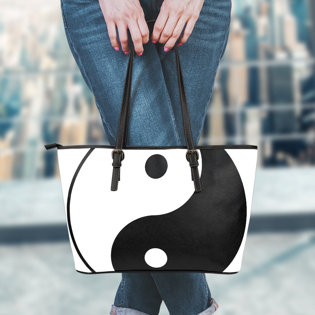 Black And White Yin Yang Symbol Print Leather Tote Bag